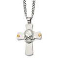 Chisel Stainless Steel Brushed and Polished Yellow IP-plated Cross with Skull Pendant on a 24 inch Curb Chain Necklace, 24 x 39 mm