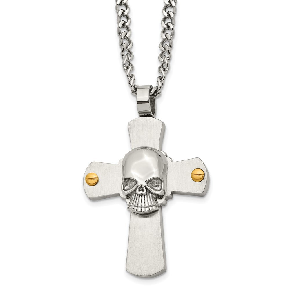 Chisel Stainless Steel Brushed and Polished Yellow IP-plated Cross with Skull Pendant on a 24 inch Curb Chain Necklace, 24 x 39 mm