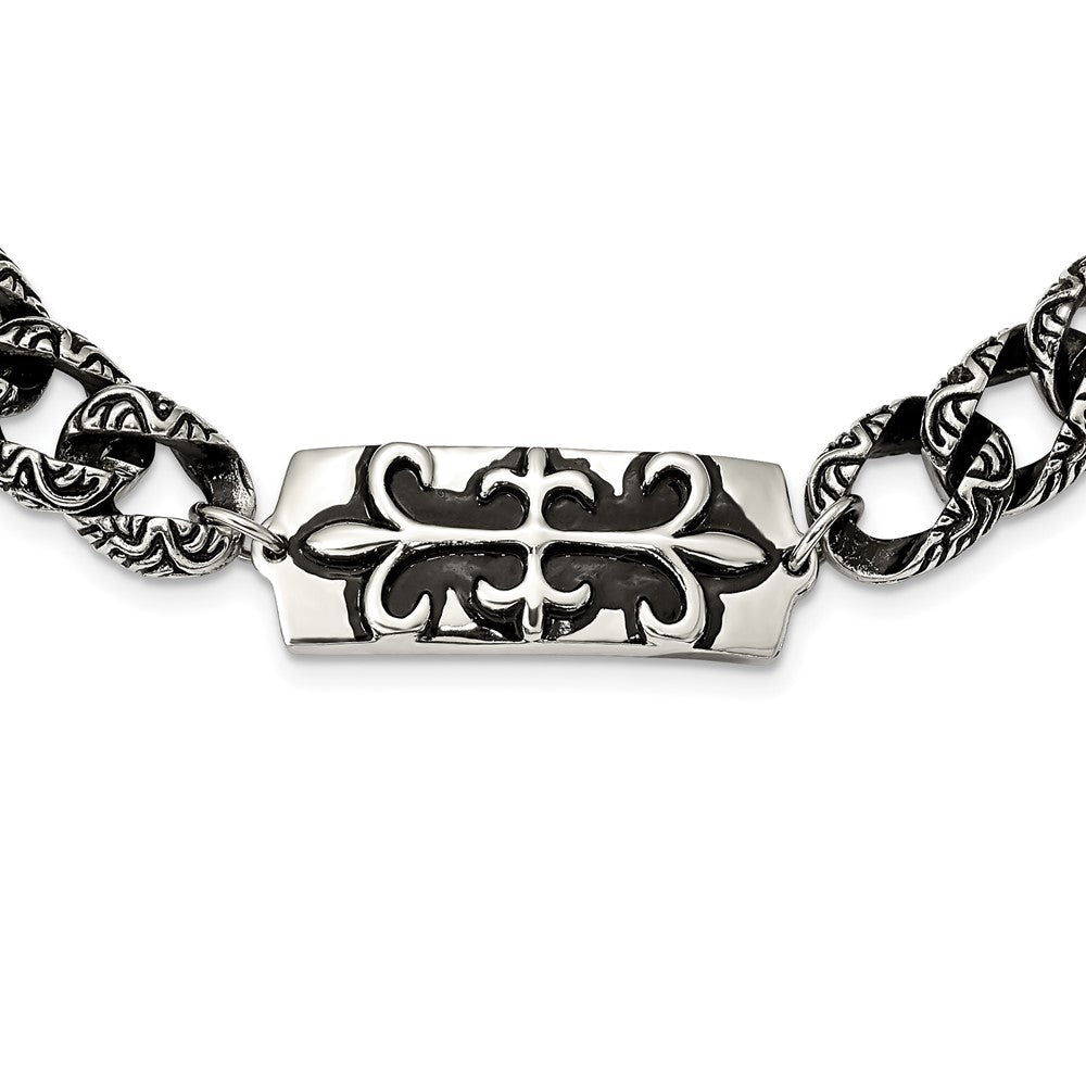 Stainless Steel Antiqued and Polished Fleur de Lis 24in Necklace, 24 mm, 163.77 g