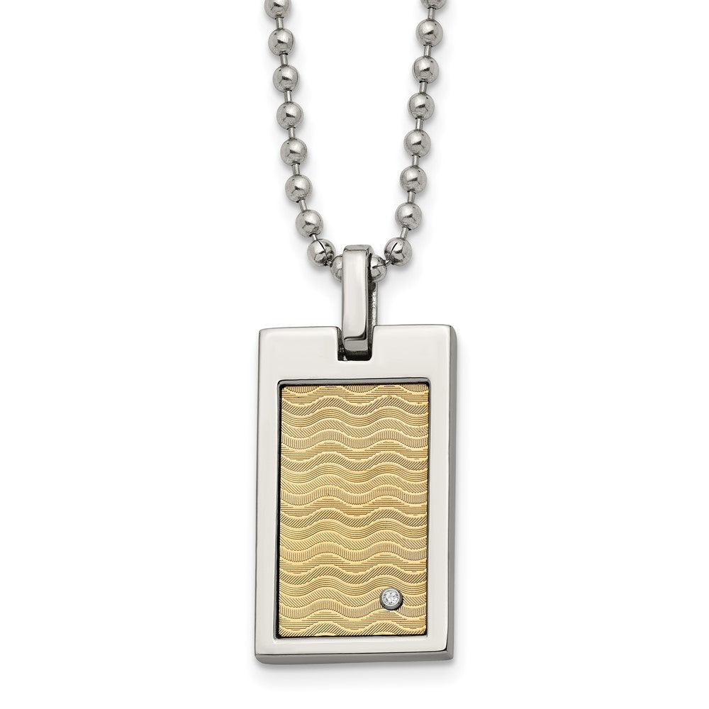 Chisel Stainless Steel Brushed and Polished with 18k Gold Accent .01carat Diamond Pendant on a 24 inch Ball Chain Necklace, 0.015 ct, 24 x 15 mm