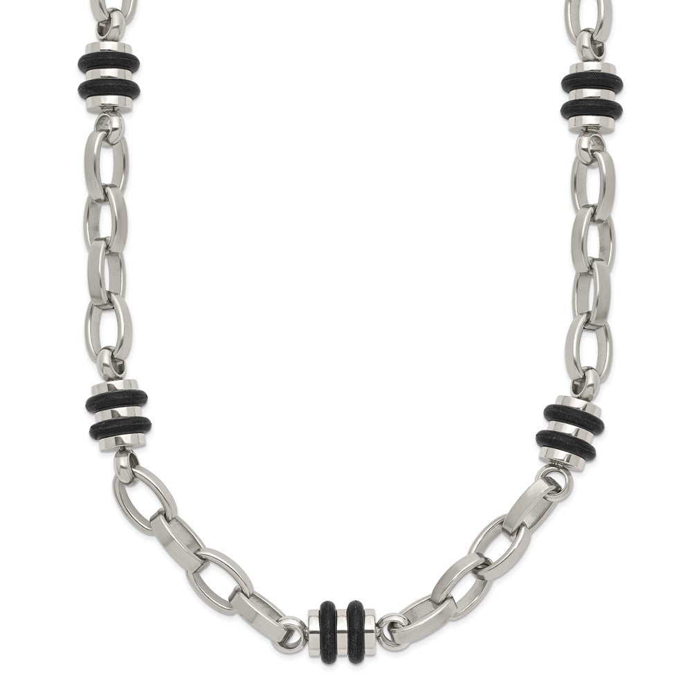 Chisel Stainless Steel Polished with Black Rubber Barrel Link 22 inch Necklace, 22 x 6 mm