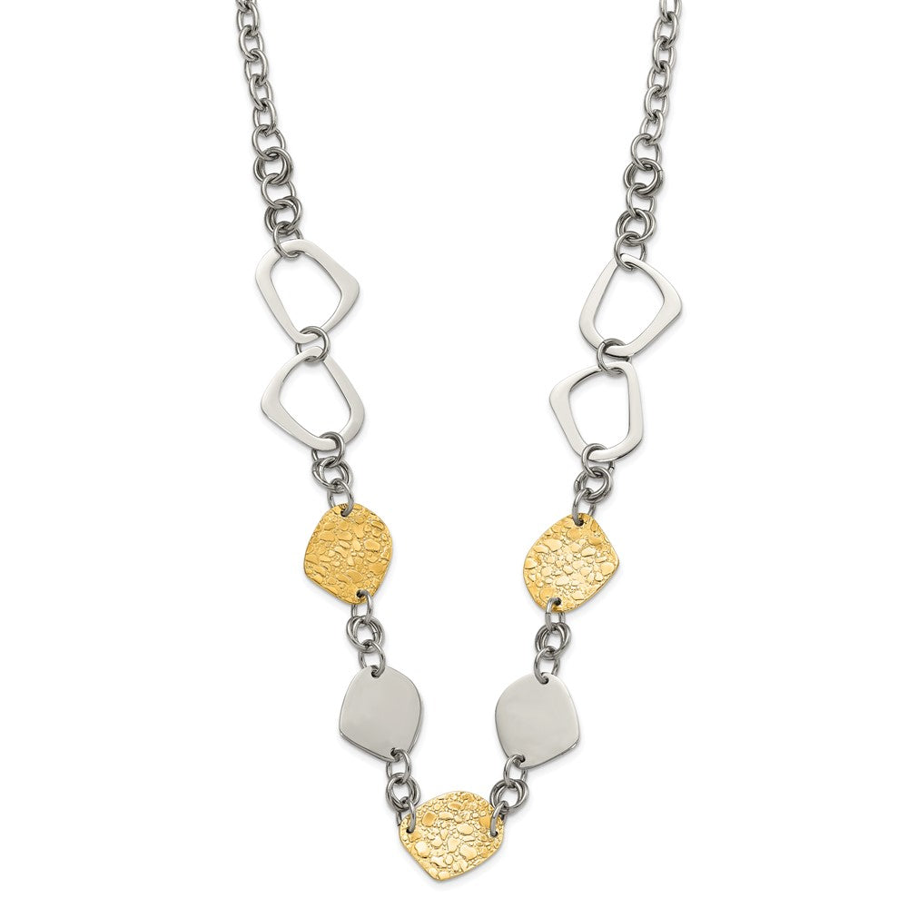 Stainless Steel Yellow IP-plated Polished & Pebbled Fancy Link Necklace, 24 x 24 mm
