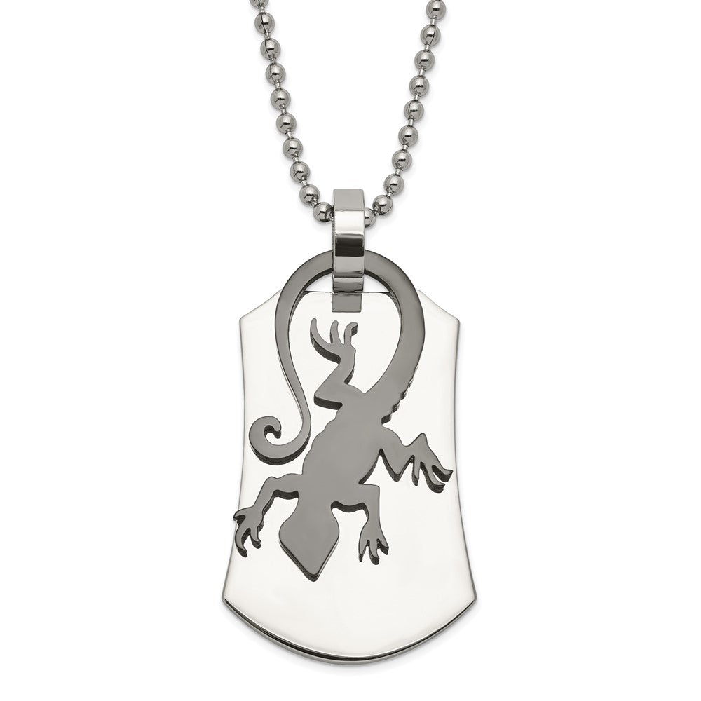 Stainless Steel Polished & Black Enamel Lizard Necklace, 24 mm