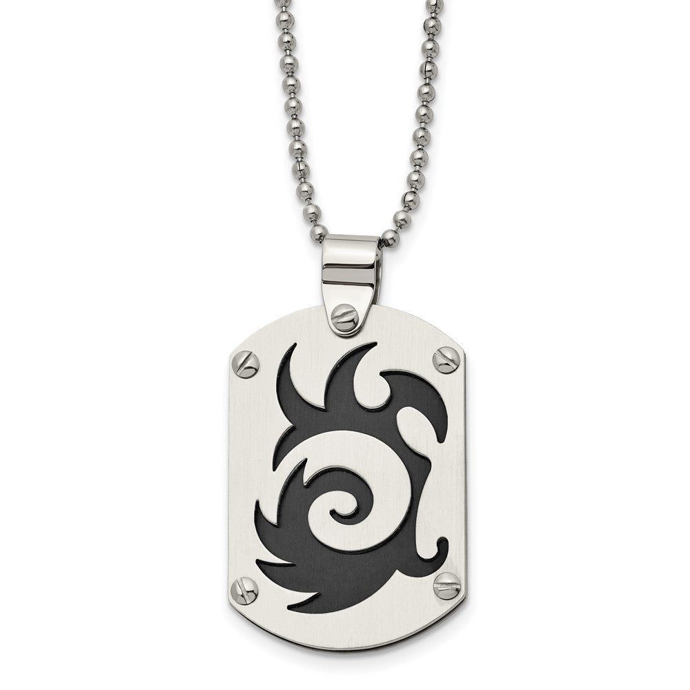 Chisel Stainless Steel Brushed Black IP-plated Swirl Dog Tag on a 24 inch Ball Chain Necklace, 24 x 23 mm