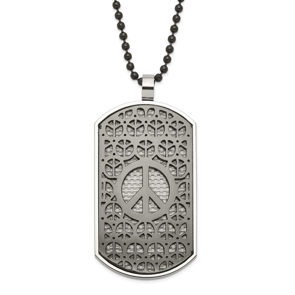 Stainless Steel Black IP-Plated Reversible Grey/Blue Carbon Fiber Peace/Heart Dog Tag Necklace, 24 mm