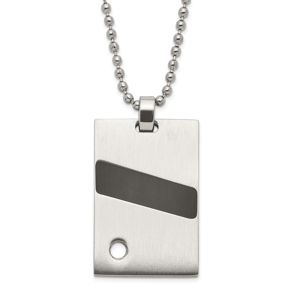 Stainless Steel Polished & Satin Black Rubber & CZ Pendant Necklace, 22 mm