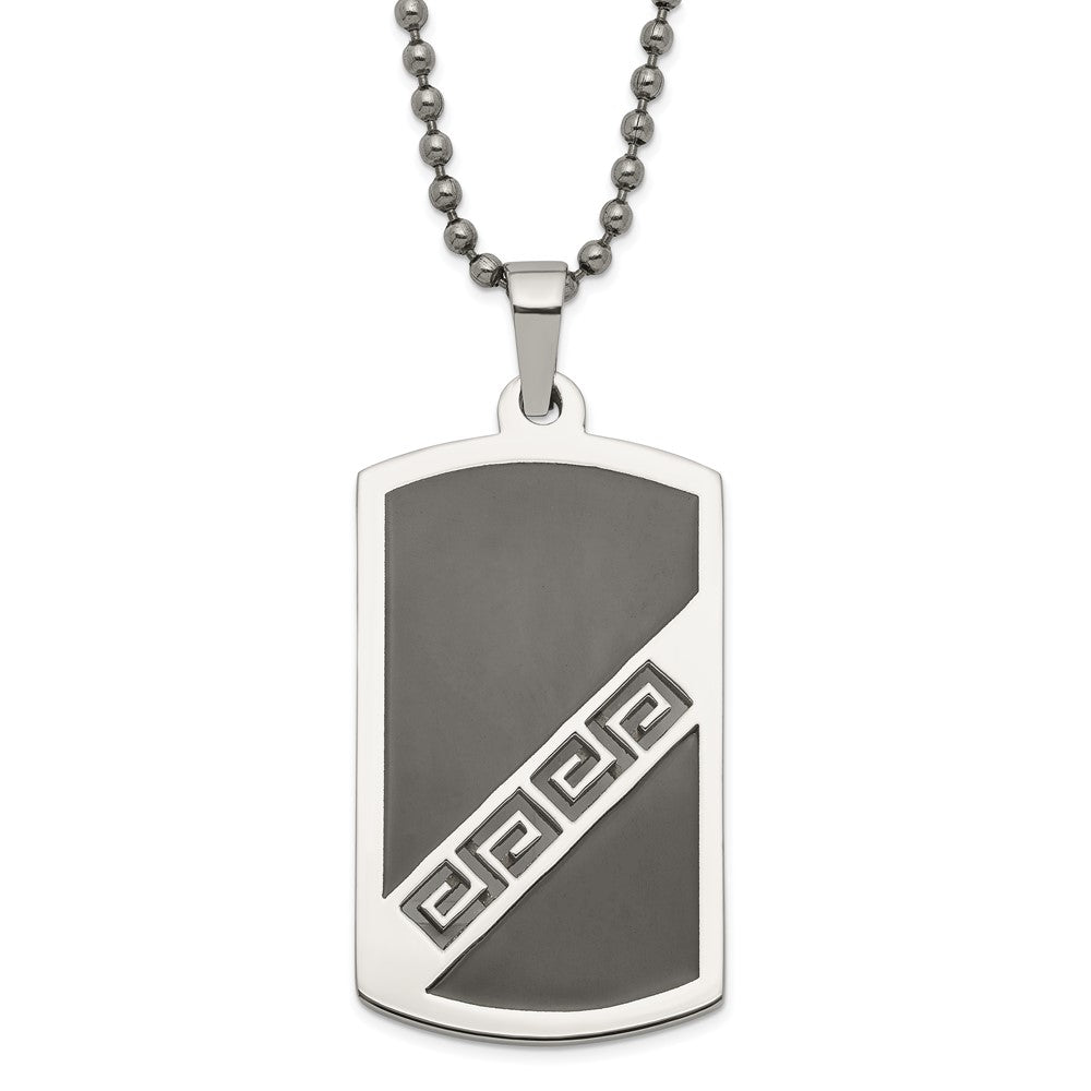 Stainless Steel Black Enamel Greek Key Dog Tag Pendant Necklace, 20 mm