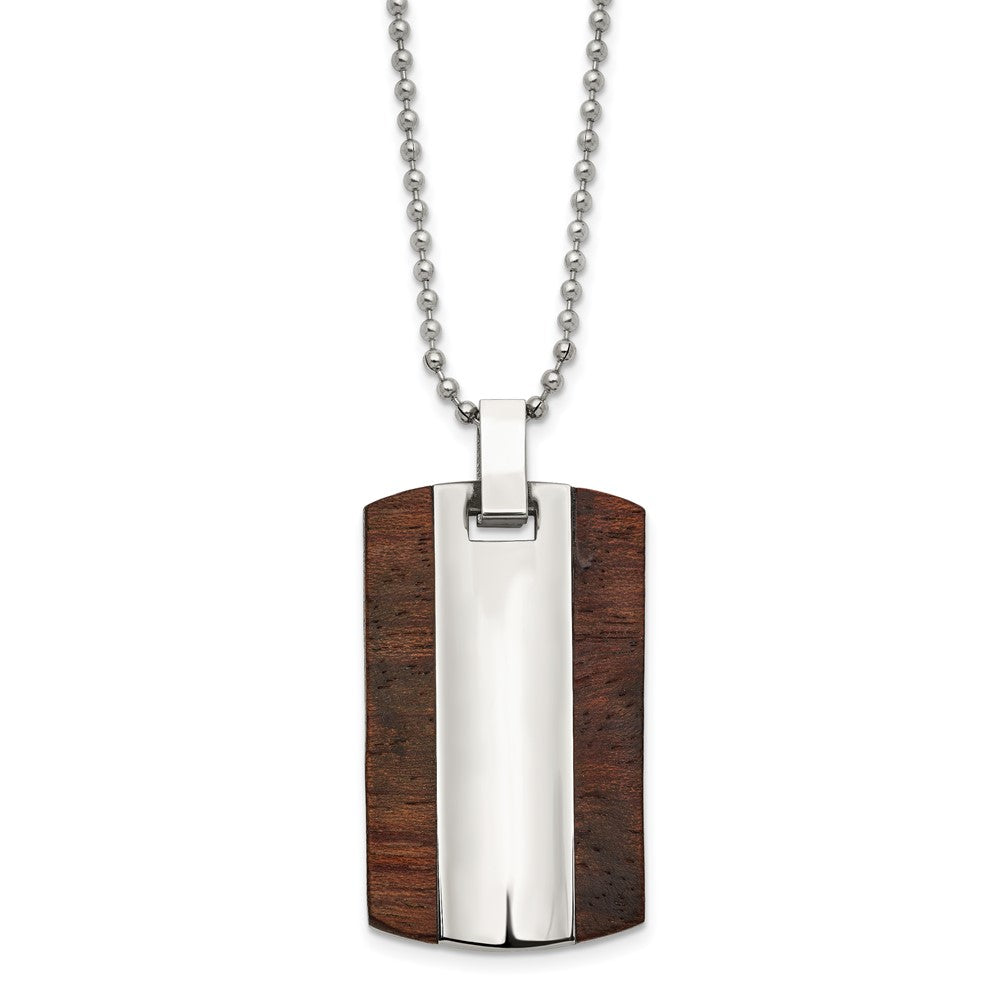 Stainless Steel Polished with Wood Dog Tag 24in Necklace, 24 mm