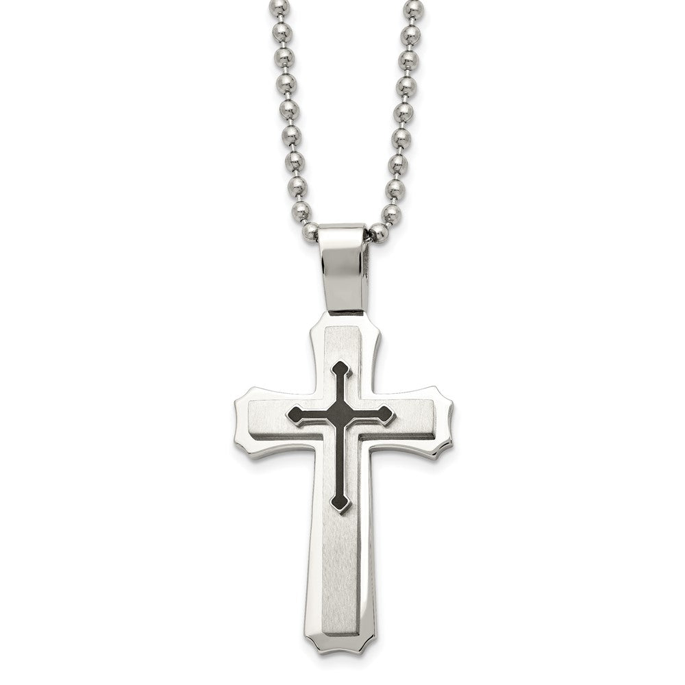 Chisel Stainless Steel Brushed and Polished with Black Rubber Cross Pendant on a 24 inch Ball Chain Necklace, 24 x 30 mm
