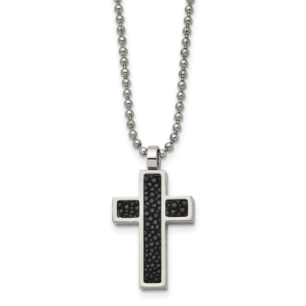 Chisel Stainless Steel Brushed Black Genuine Stingray Inlay Cross Pendant on a 24 inch Ball Chain Necklace, 24 x 17 mm