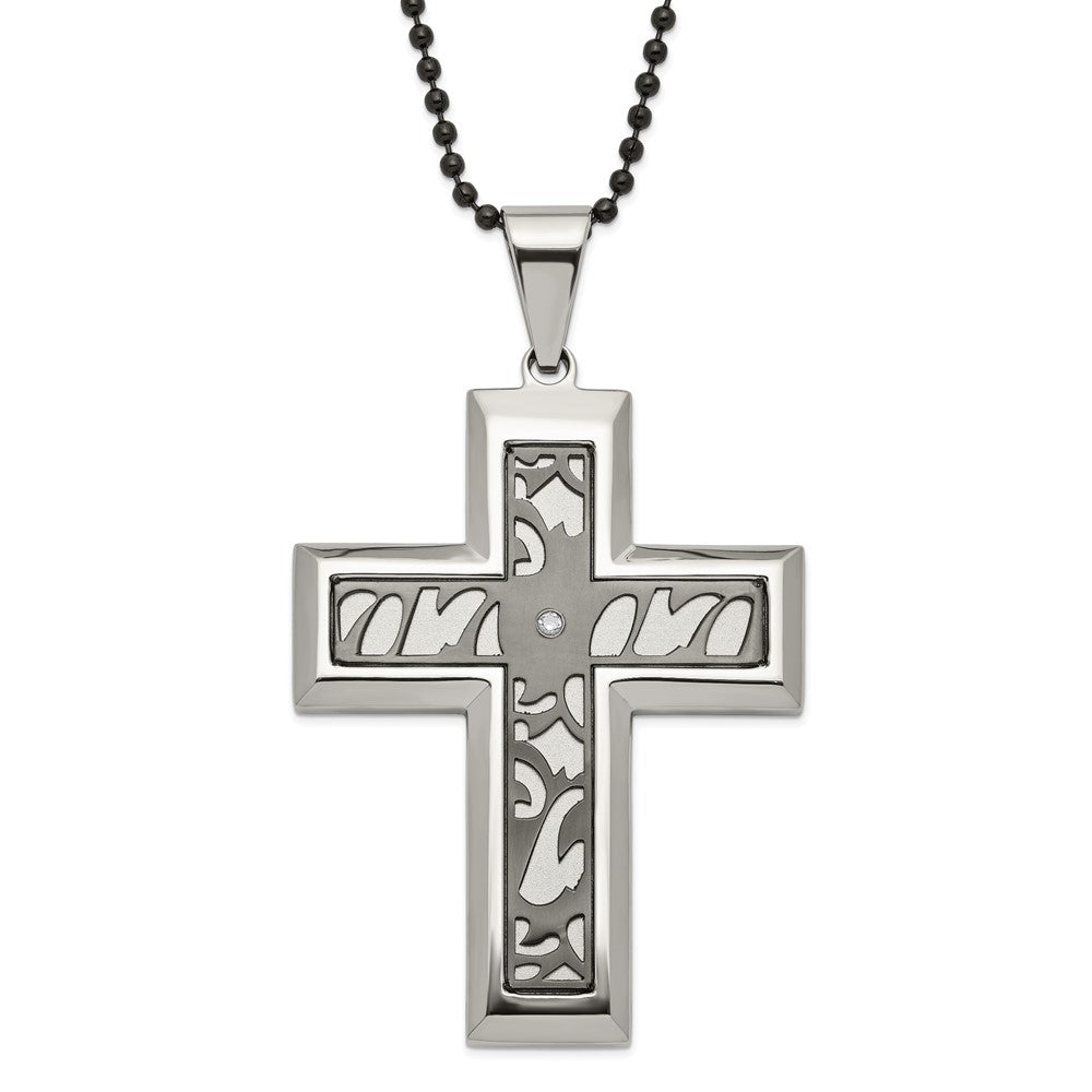 Stainless Steel Black-plated Fancy CZ Latin Cross Necklace, 24 mm