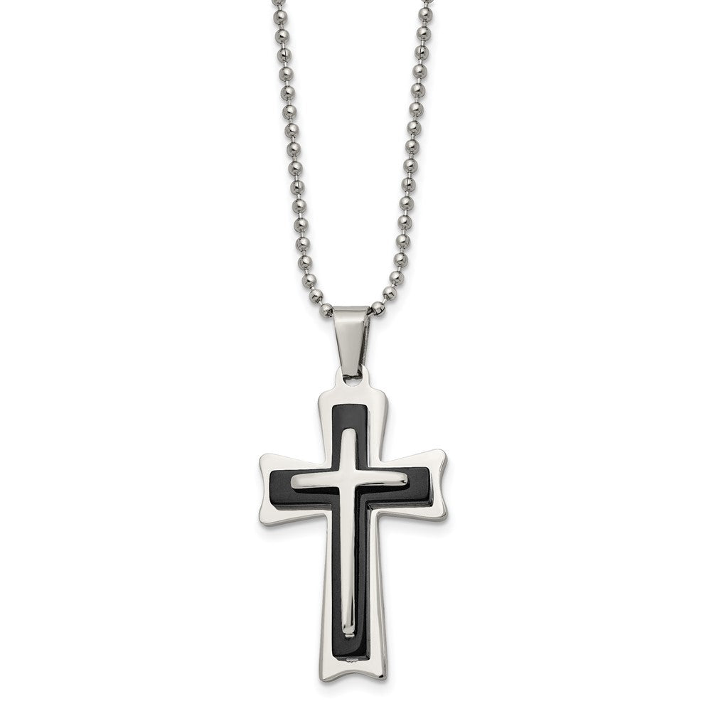 Chisel Stainless Steel Polished with Black Acrylic Cross Pendant on a 24 inch Ball Chain Necklace, 24 x 25 mm