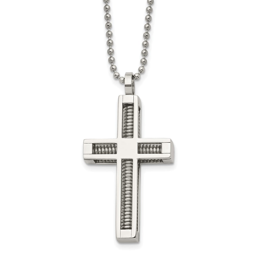 Chisel Stainless Steel Polished Cross Pendant on a 24 inch Ball Chain Necklace, 24 x 26 mm