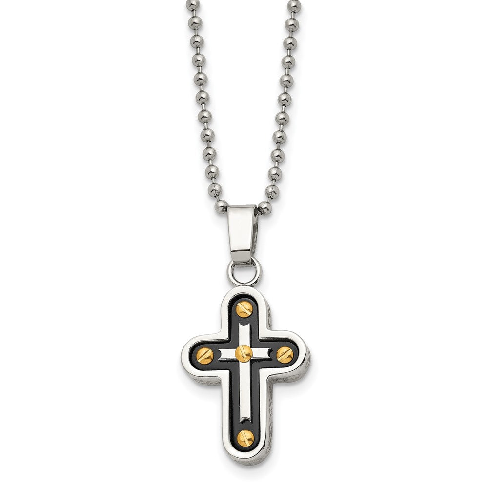 Chisel Stainless Steel Polished Black and Yellow IP-plated Cross Pendant on a 22 inch Ball Chain Necklace, 22 x 16 mm