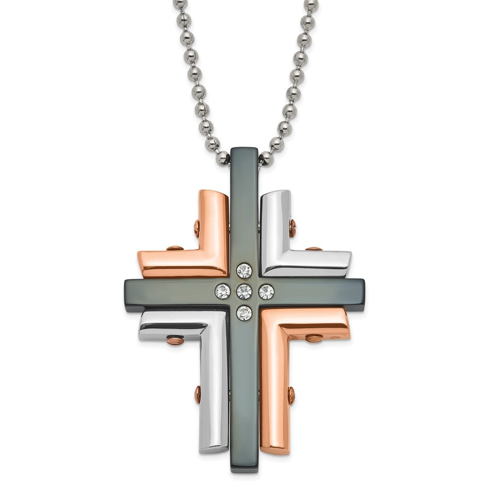 Stainless Steel Black & Pink IP-plated CZ Cross Necklace, 22 mm