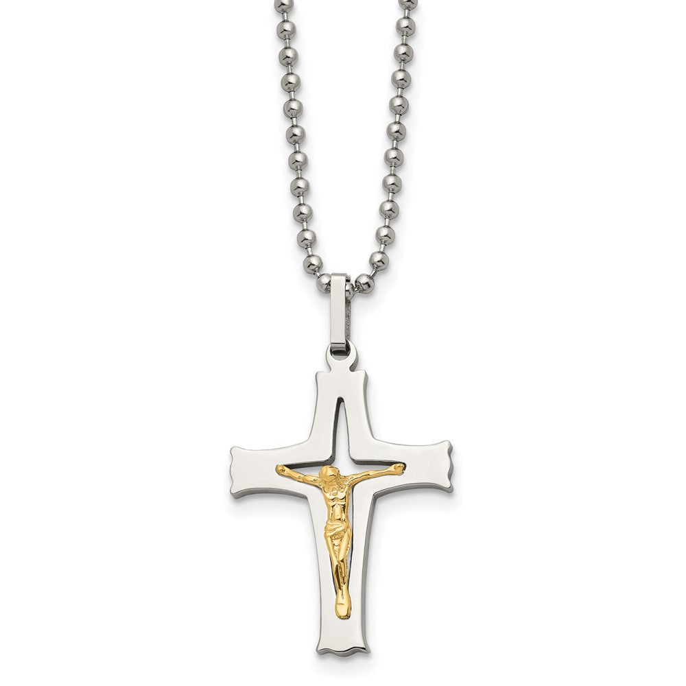 Chisel Stainless Steel Polished with 14k Gold Accent Crucifix Pendant on a 22 inch Ball Chain Necklace, 22 x 21 mm