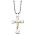 Chisel Stainless Steel Polished with 14k Gold Accent Crucifix Pendant on a 22 inch Ball Chain Necklace, 22 x 23 mm