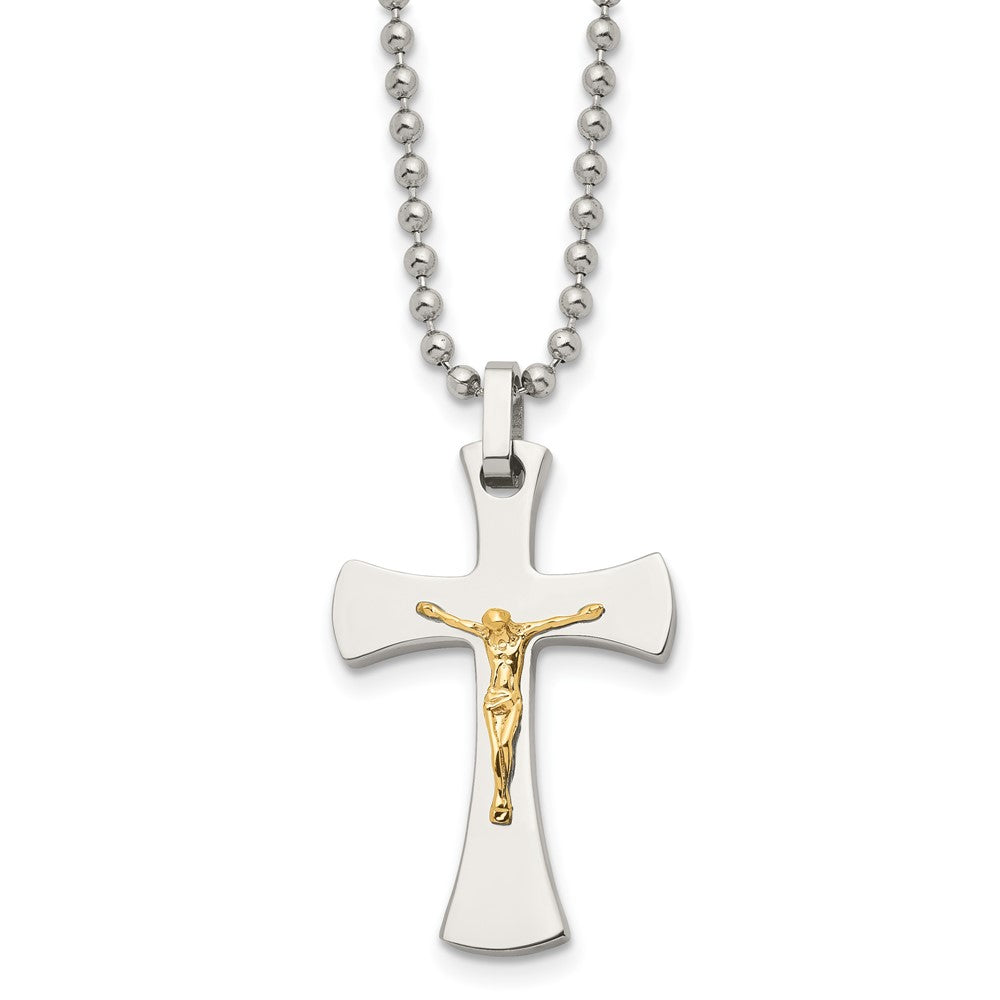 Chisel Stainless Steel Polished with 14k Gold Accent Crucifix Pendant on a 22 inch Ball Chain Necklace, 22 x 23 mm