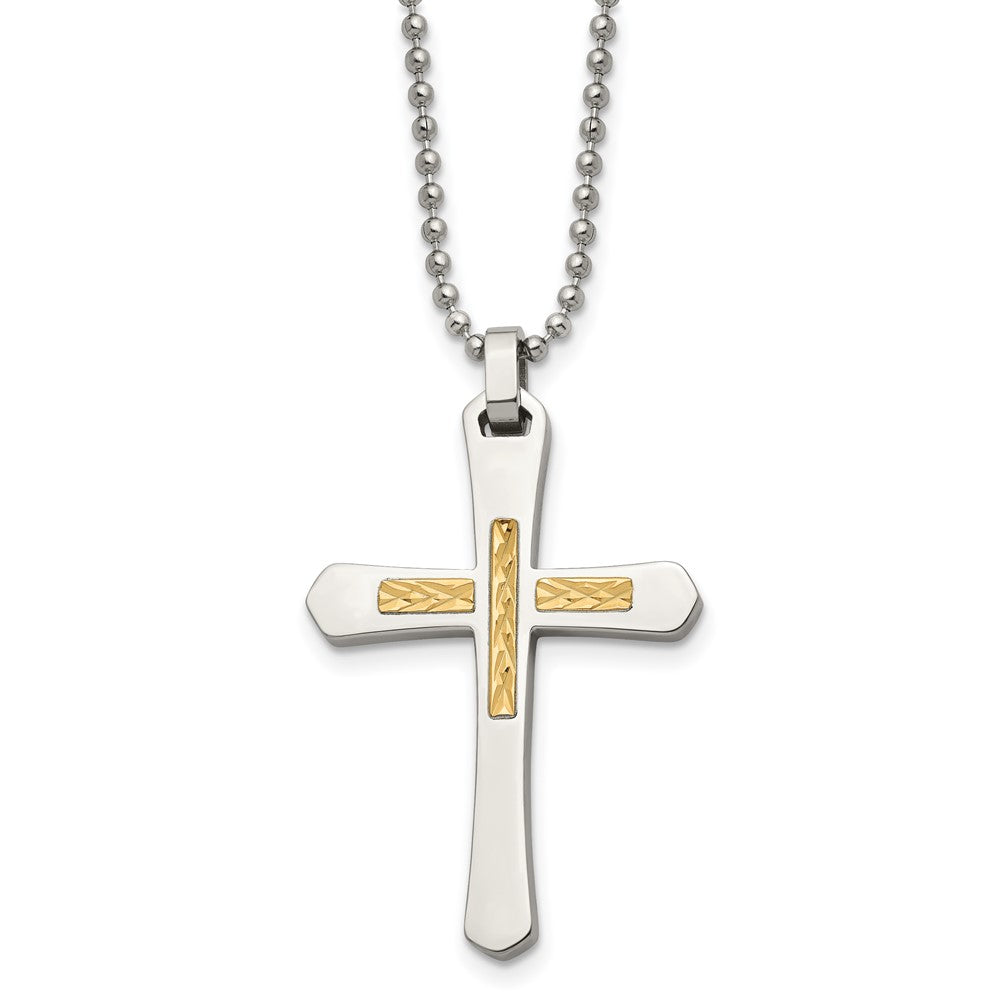 Chisel Stainless Steel Polished with 14k Gold Accent Diamond-cut Cross Pendant on a 22 inch Ball Chain Necklace, 22 x 28 mm