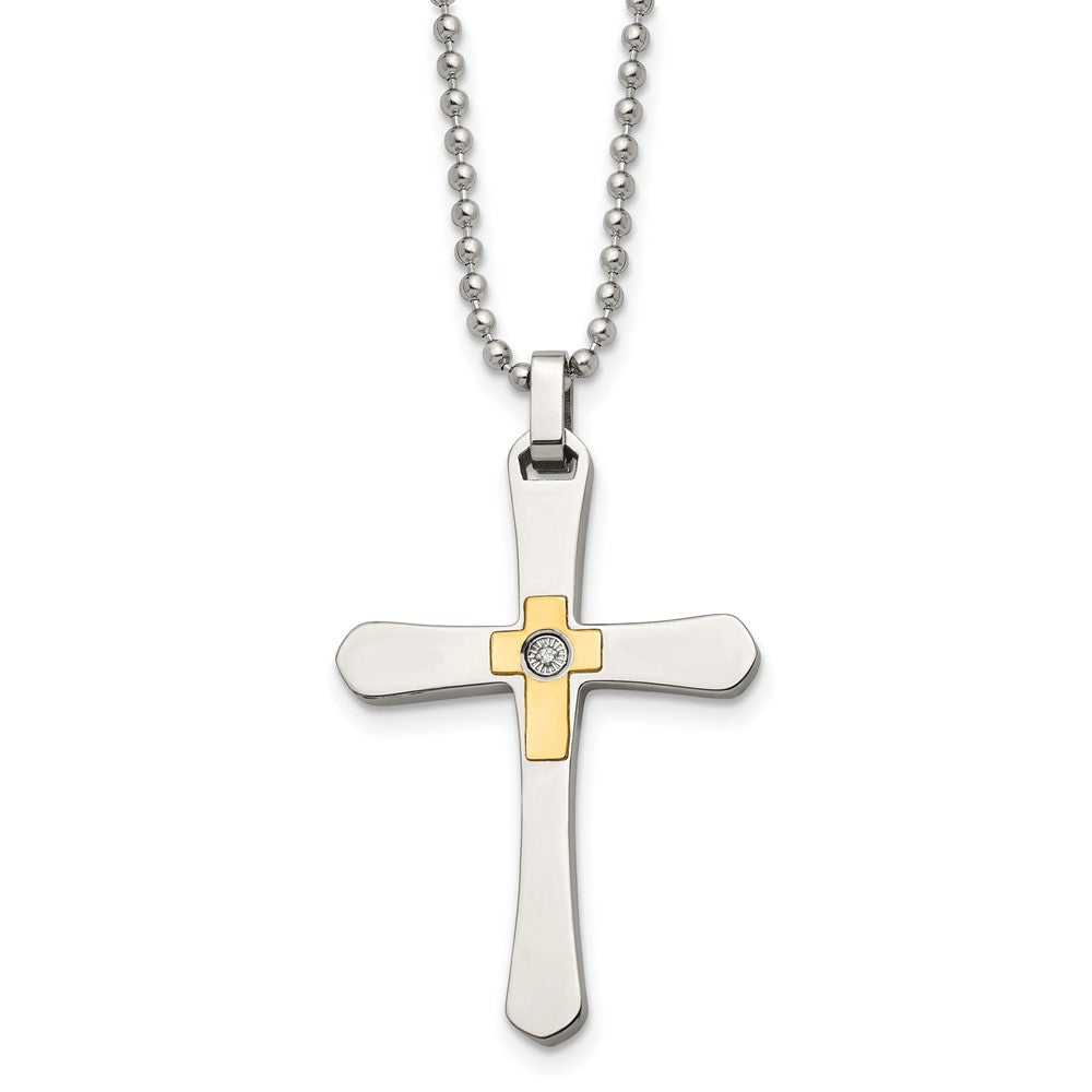Chisel Stainless Steel Polished with 14k Gold Accent 1/2pt Diamond Cross Pendant on a 22 inch Ball Chain Necklace, 0.3 ct, 22 x 28 mm
