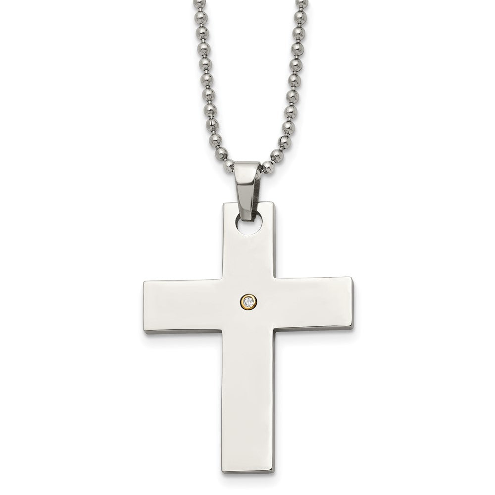 Chisel Stainless Steel Polished with 14k Gold Accent .02 carat Diamond Cross Pendant on a 22 inch Ball Chain Necklace, 22 x 32 mm