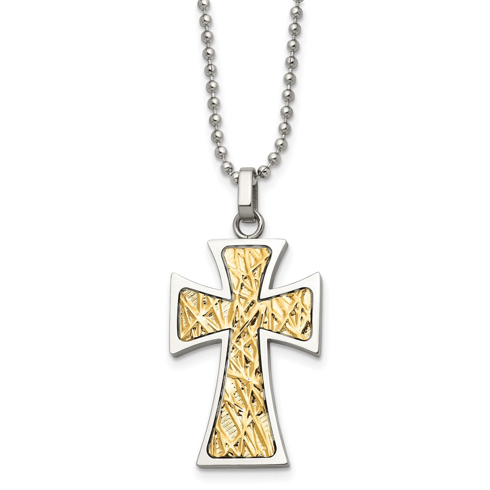 Chisel Stainless Steel Polished with 14k Gold Accent Cross Pendant on a 22 inch Ball Chain Necklace, 22 x 26 mm