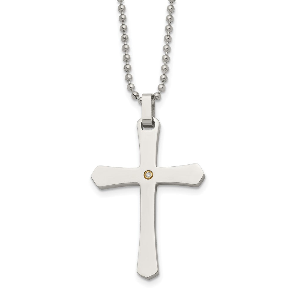 Chisel Stainless Steel Polished with 14k Gold Accent .02 carat Diamond Cross Pendant on a 22 inch Ball Chain Necklace, 0.02 ct, 22 x 30 mm