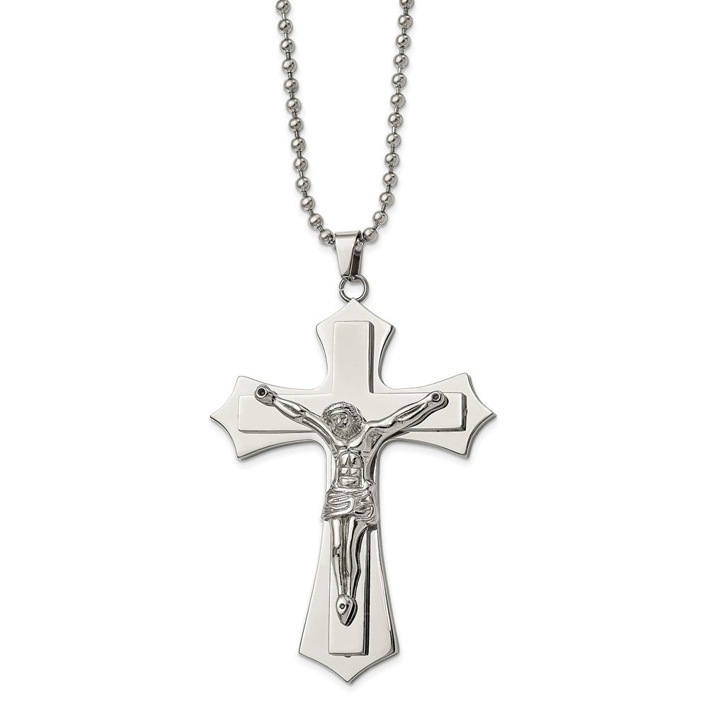 Chisel Stainless Steel Polished Large Crucifix Pendant on a 22 inch Ball Chain Necklace, 22 x 57 mm