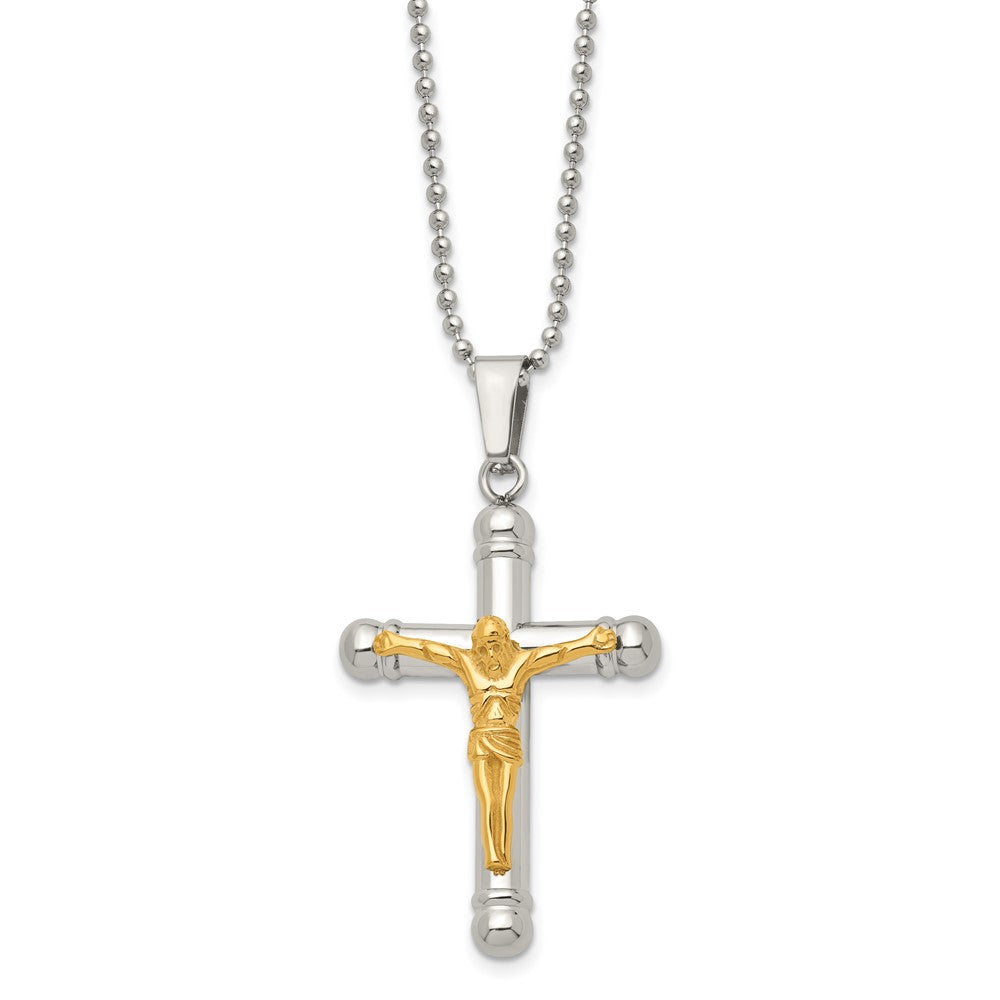 Chisel Stainless Steel Polished Yellow IP-plated Crucifix Pendant on a 22 inch Ball Chain Necklace, 22 x 32 mm