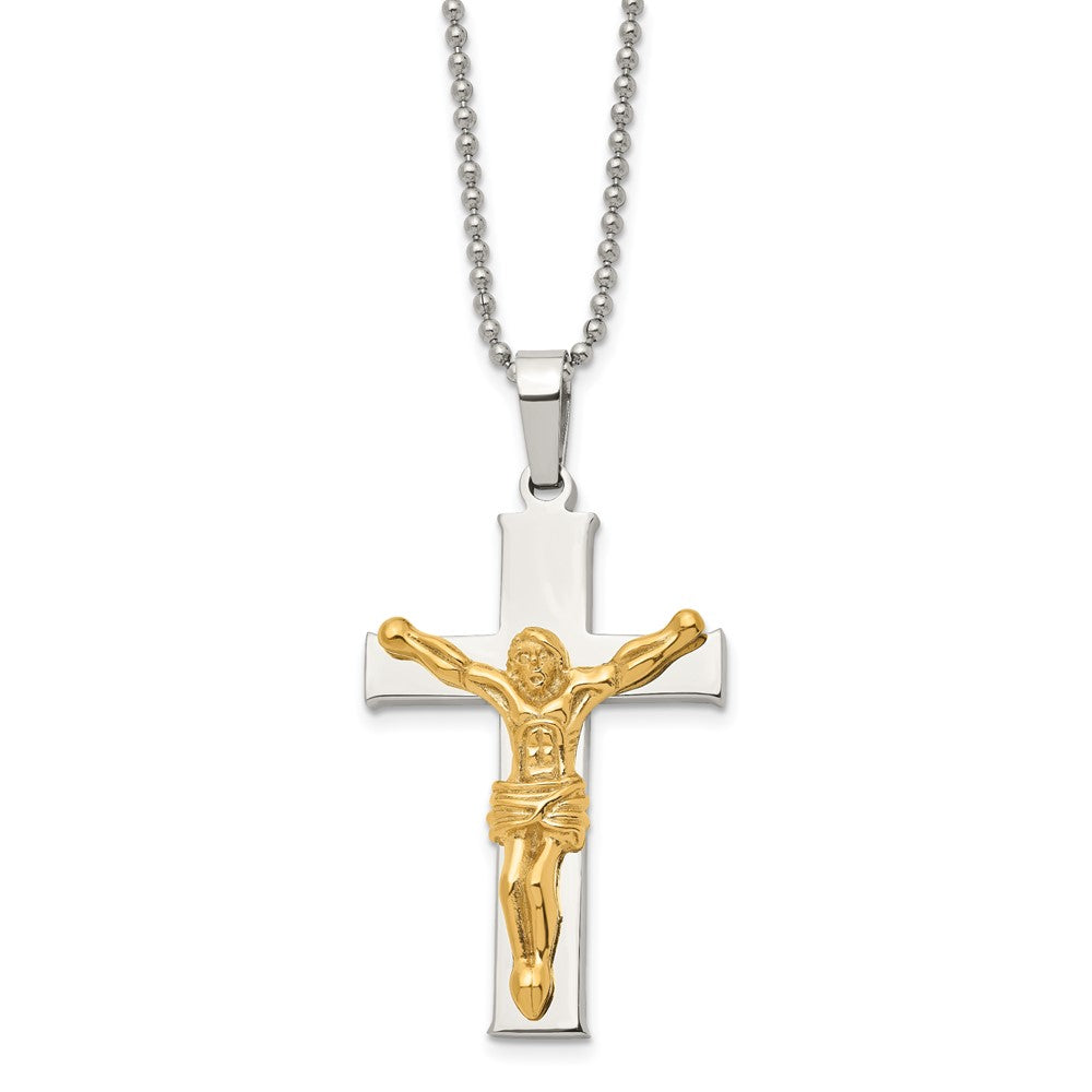 Chisel Stainless Steel Polished Yellow IP-plated Crucifix Pendant on a 22 inch Ball Chain Necklace, 22 x 31 mm