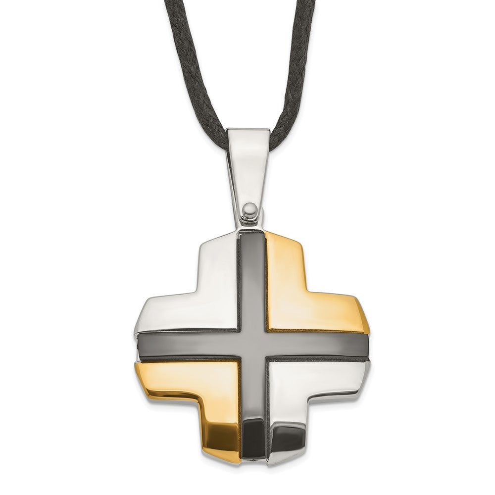 Stainless Steel Black & Yellow IP-plated Cross on Cord Necklace, 20 mm