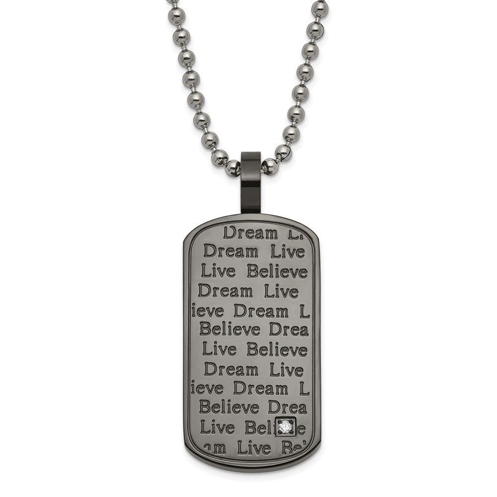 Stainless Steel Black PVD-plated CZ Believe Live Dream Dogtag Necklace, 24 mm