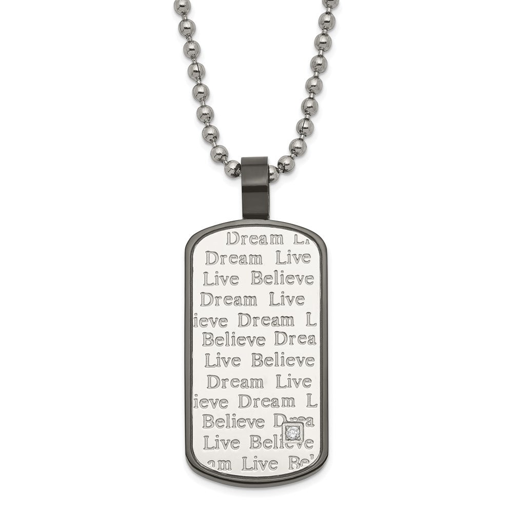 Stainless Steel Black PVD-plated CZ Live Dream Believe Dogtag Necklace, 24 mm