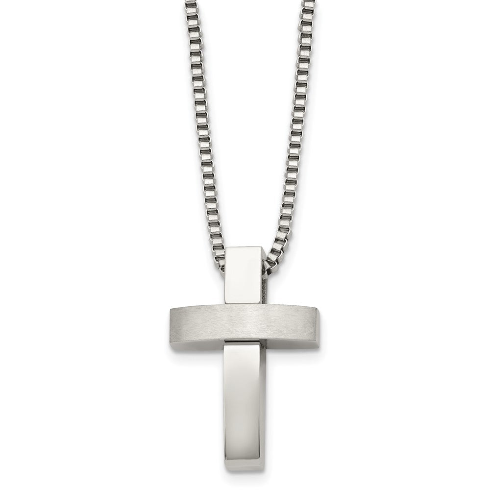 Chisel Stainless Steel Brushed and Polished Cross Pendant on a 22 inch Box Chain Necklace, 22 x 20 mm