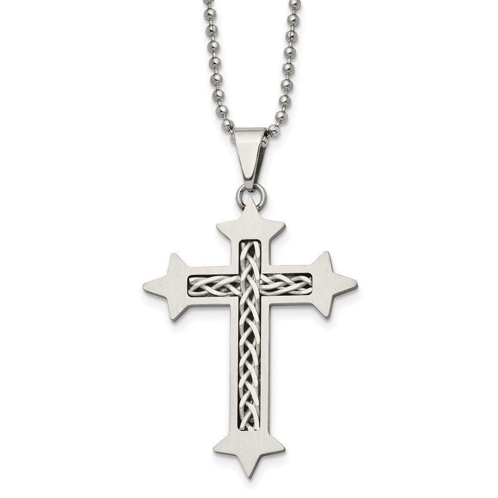 Chisel Stainless Steel Brushed with Braided Sterling Silver Inlay Cross Pendant on a 24 inch Ball Chain Necklace, 24 x 34 mm