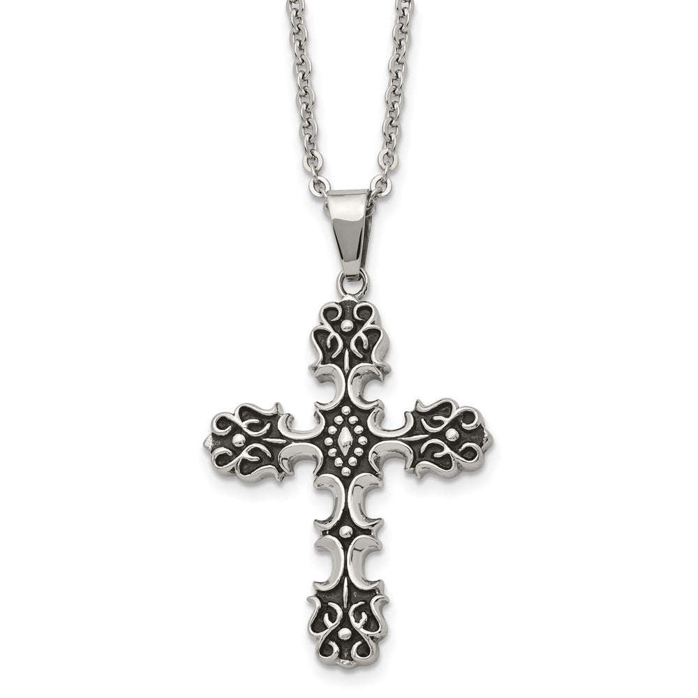 Chisel Stainless Steel Antiqued Polished and Textured Cross Pendant on a 22 inch Cable Chain Necklace, 22 x 33 mm