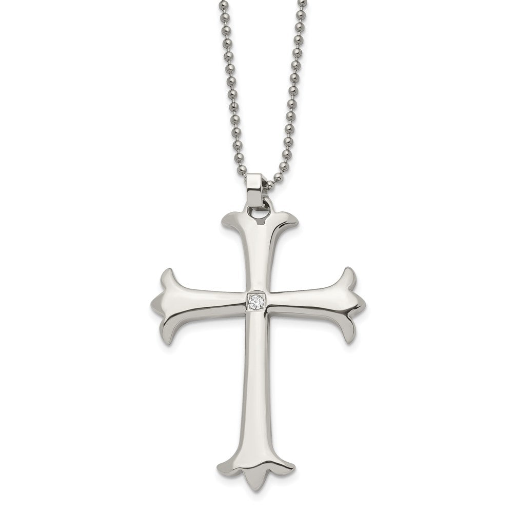 Chisel Stainless Steel Polished with CZ Cross Pendant on a 22 inch Ball Chain Necklace, 22 x 41 mm