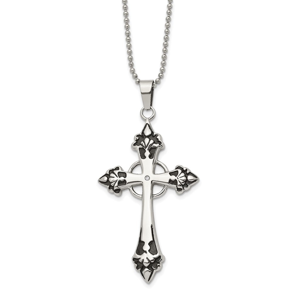 Chisel Stainless Steel Polished Enameled with .01 Carat Diamond Cross Pendant on a 24 inch Ball Chain Necklace, 24 x 36 mm