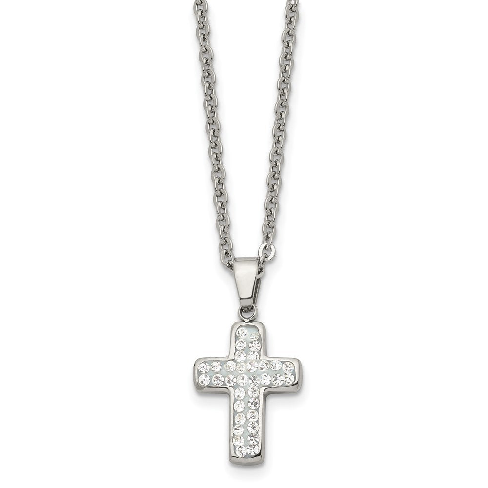 Chisel Stainless Steel Polished Crystal Cross Pendant on a 22 inch Cable Chain Necklace, 22 x 15 mm
