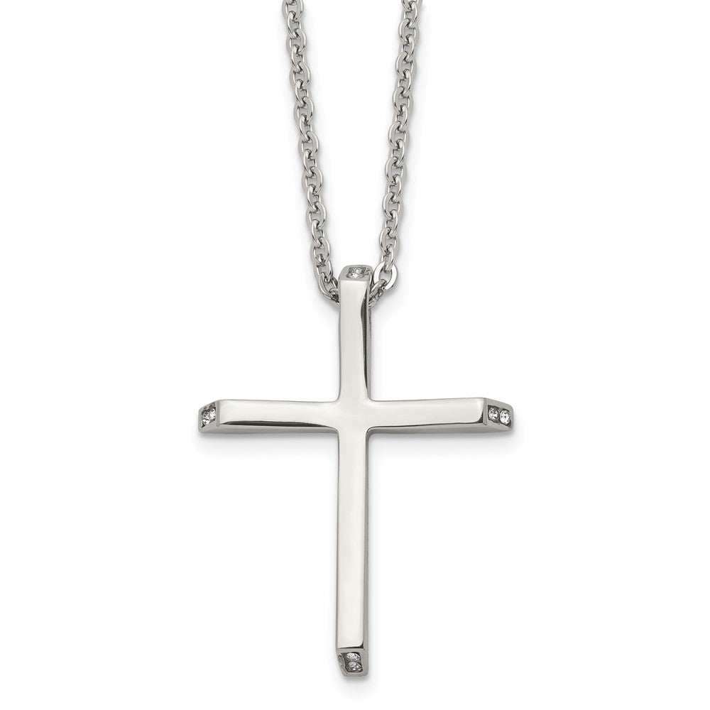 Chisel Stainless Steel Polished with CZ Ends Cross Pendant on a 22 inch Cable Chain Necklace, 22 x 30 mm