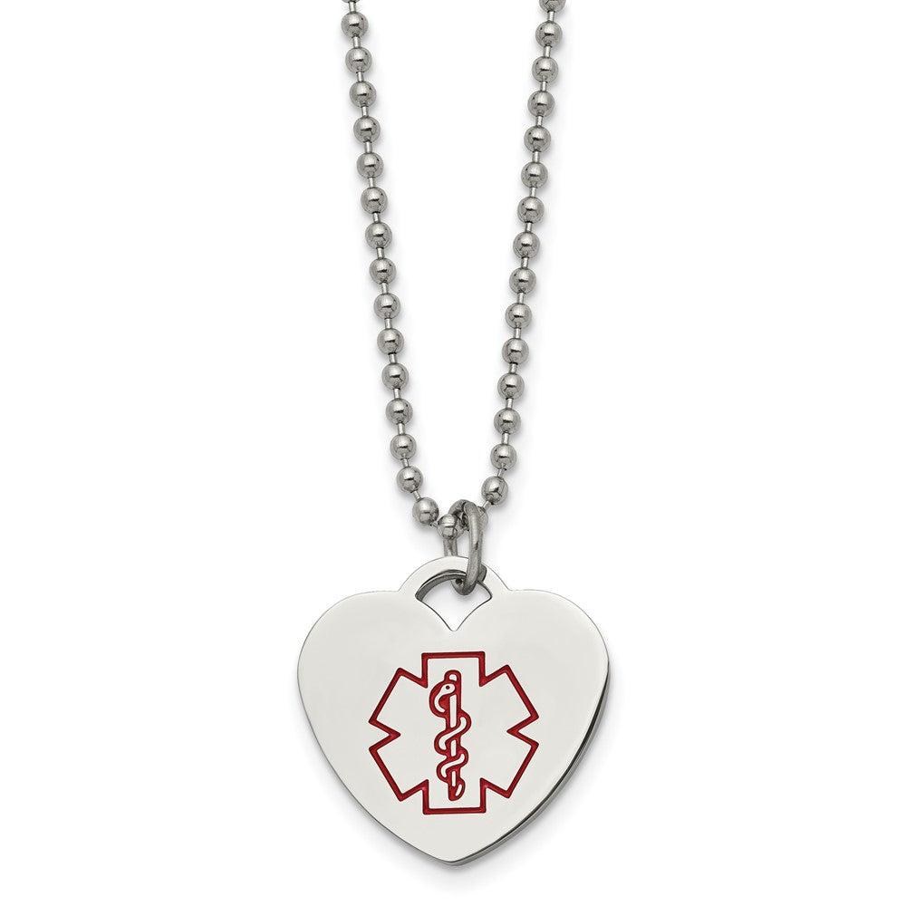 Chisel Stainless Steel Polished with Red Enamel Heart Medical ID Pendant on a 22 inch Ball Chain Necklace, 22 x 24 mm