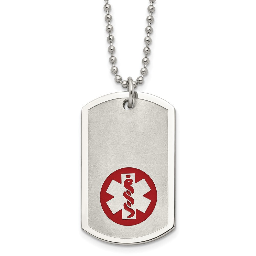 Chisel Stainless Steel Brushed and Polished with Red Enamel Medical ID Dog Tag on a 22 inch Ball Chain Necklace, 22 x 24 mm
