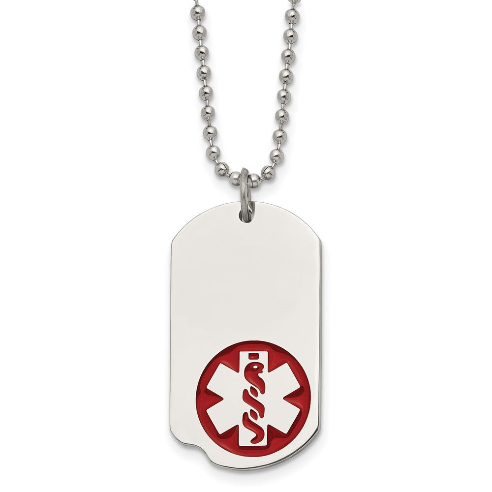 Chisel Stainless Steel Polished with Red Enamel Medical ID Dog Tag on a 22 inch Ball Chain Necklace, 22 x 20 mm
