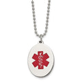 Chisel Stainless Steel Polished with Red Enamel Oval Medical ID Pendant on a 24 inch Ball Chain Necklace, 22 x 21 mm