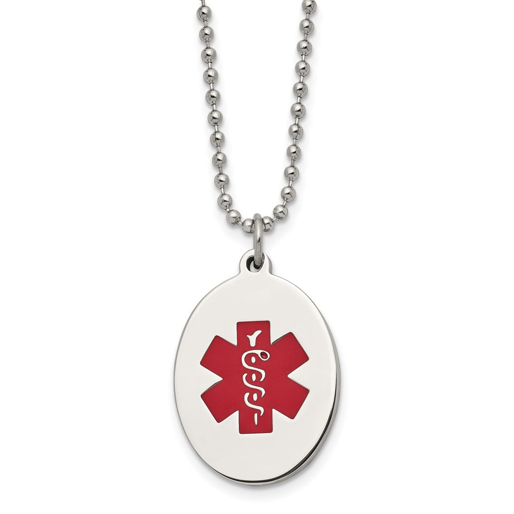 Chisel Stainless Steel Polished with Red Enamel Oval Medical ID Pendant on a 24 inch Ball Chain Necklace, 22 x 21 mm