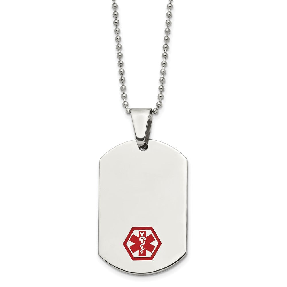 Chisel Stainless Steel Polished with Red Enamel Medical ID Dog Tag on a 24 inch Ball Chain Necklace, 24 x 27 mm