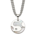 Stainless Steel Polished CZ & Mother of Pearl Circle Necklace, 22 mm