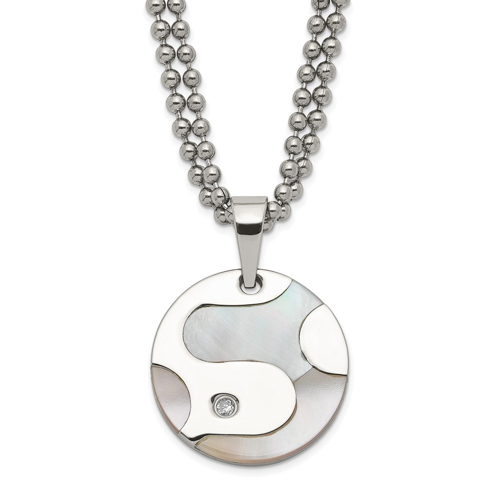Stainless Steel Polished CZ & Mother of Pearl Circle Necklace, 22 mm