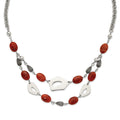 Stainless Steel Polished & Antiqued Red & Orange Agate w/ 2in ext. Necklace, 26 x 25.75 mm