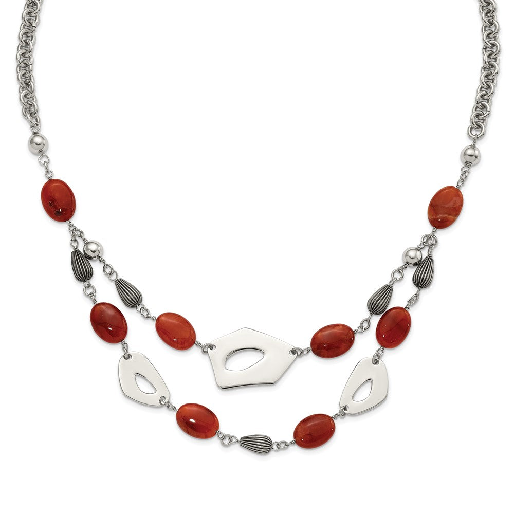 Stainless Steel Polished & Antiqued Red & Orange Agate w/ 2in ext. Necklace, 26 x 25.75 mm